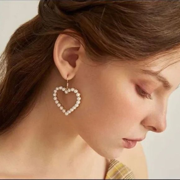 Pearl Embellished Heart Earrings | Romantic Statement Jewelry | Elegant Studs - Picture 3 of 16